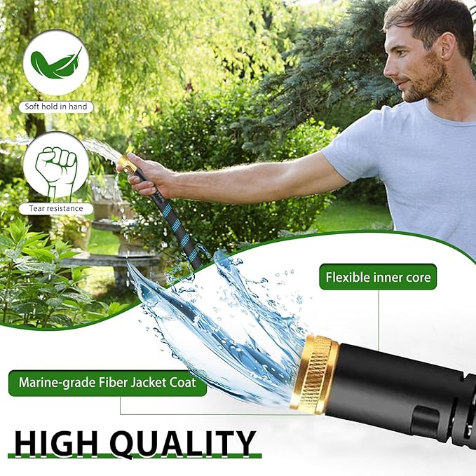 150Ft Non-Expandable Garden Hose, Flexible Water Hose with 10-Pattern Spray Nozzle, Lightweight Hose Pipe, Kink-Free, Leak-Proof, 3/4" Solid Metal Fittings