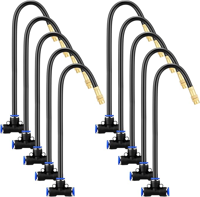 Zonon 10 Pcs Brass Misting Nozzles Tee with 16 Inch Built in Hose 360 Degree Rotation Adjustable Water Mister Nozzles Thread Sprayer 0.043" Misting Parts and Accessories for Patio Outdoor Cooling