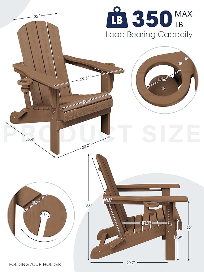 KINGYES Folding Adirondack Chair, Dual Cup Holders & All-Weather HDPE, Wood-Like Patio Chair, Brown