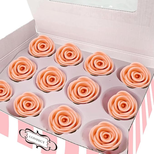 Confect Edible Rose Cake Toppers | Cupcakes & Doughnut Toppers | Roses for Cake Decorations | Edible Pretty Peach Pearl Roses - Vegan, Gluten-Free, Nut-Free, Dairy-Free, Palm Oil-Free -Pack of 12