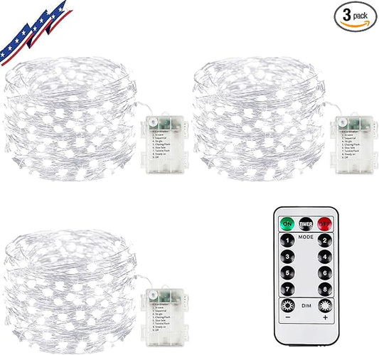 3Pack 99Ft 300LED Fairy Lights Battery Operated with Remote, Waterproof String Lights with Timer for Indoor & Outdoor, Twinkle Lights Battery Powered for Bedroom Wedding Christmas Decor (Cool White)