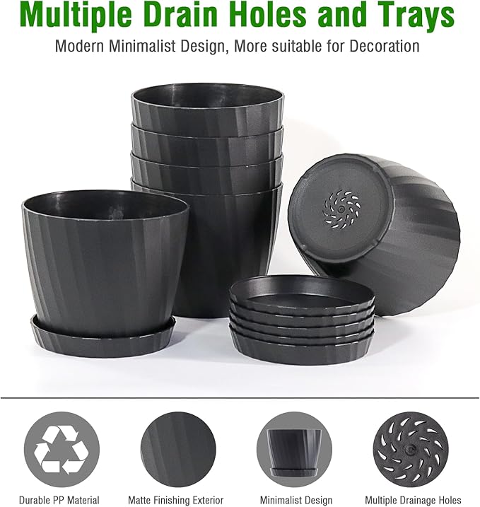 6 Inch Plant Pots Bulk, 6 Pack Plastic Planters with Drainage Holes and Saucers for Indoor Outdoor House Plants and Flowers, Black
