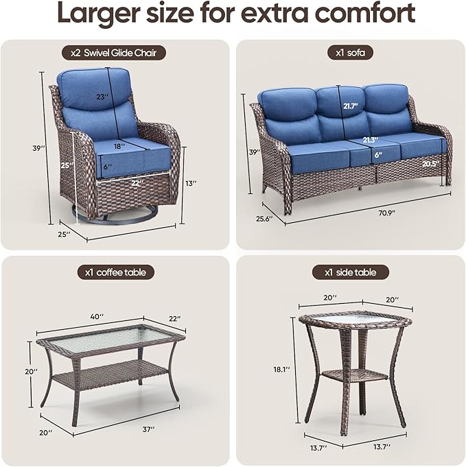 Swivel Patio Chairs sofa Set of 5 with 6" Thick Cushion - Wicker Outdoor Swivel Rocker Patio Chair ,Sofa/Glass coffee table, High Back Comfortable Outdoor Glider Chairs - Brown Wicker | Blue Cushions