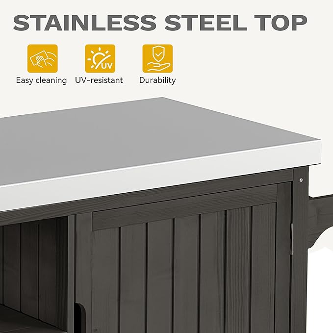 DWVO XL Outdoor Grill Table, Solid Wood Storage Table with Stainless Steel Top, Outdoor Kitchen Cart with Storage Cabinet for Patio, Kitchen Prep, Grilling Accessories, Brown