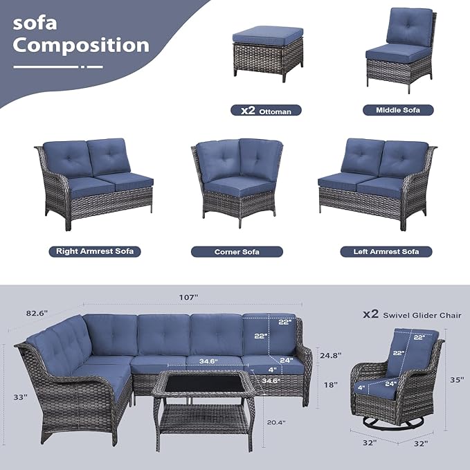 HUMMUH 9 Piece Patio Furniture PE Wikcer Outdoor Furniture Set with Sectional Sofa Swivel Patio Chairs Ottomans and Glass Coffee Table for Yard,Garden,Lawn