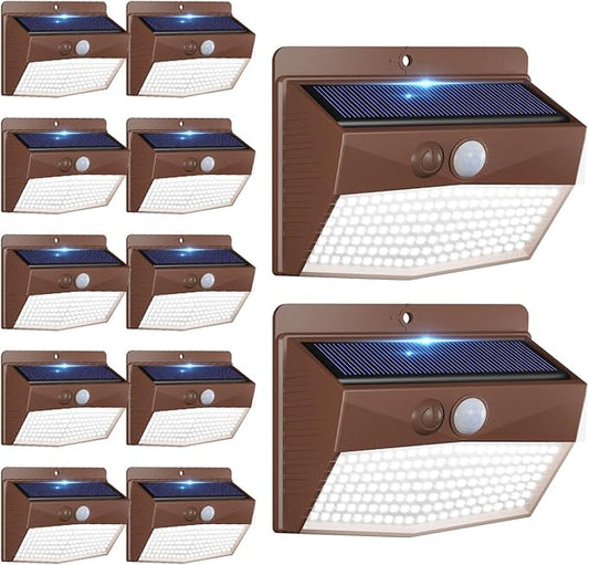 [12 Packs] Solar Outdoor Lights Motion Sensor Solar Security Lights Waterproof with 3 Lighting Modes Solar Powered Wall Lights Outside for Garden Fence Yard,Brown