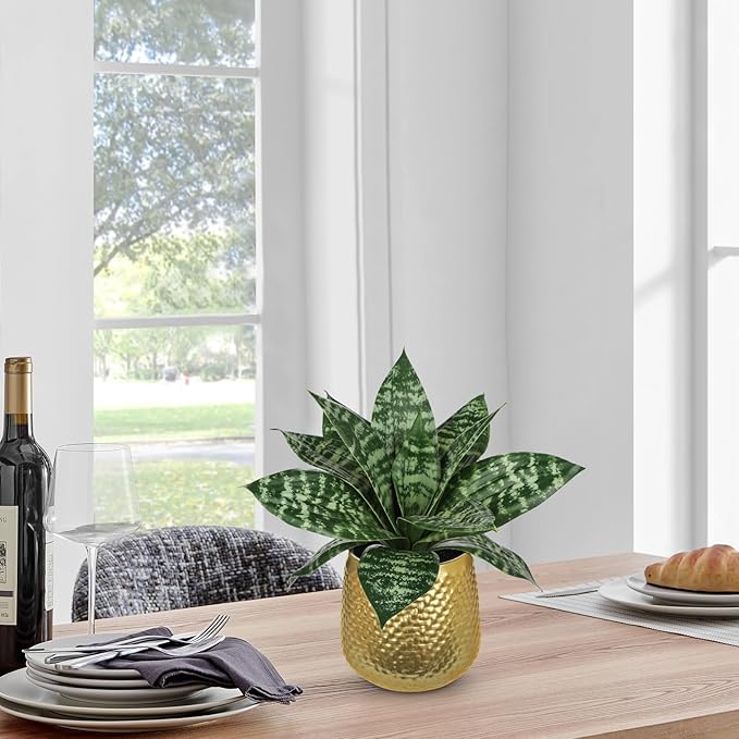 Hollyone Artificial Snake Plants 9" Faux Agave Succulent Plant Potted in Gold Metal Pot Fake Sansevieria Aloe Tropical Plant for Desk Modern Office Home Bathroom Indoor Outdoor Decor