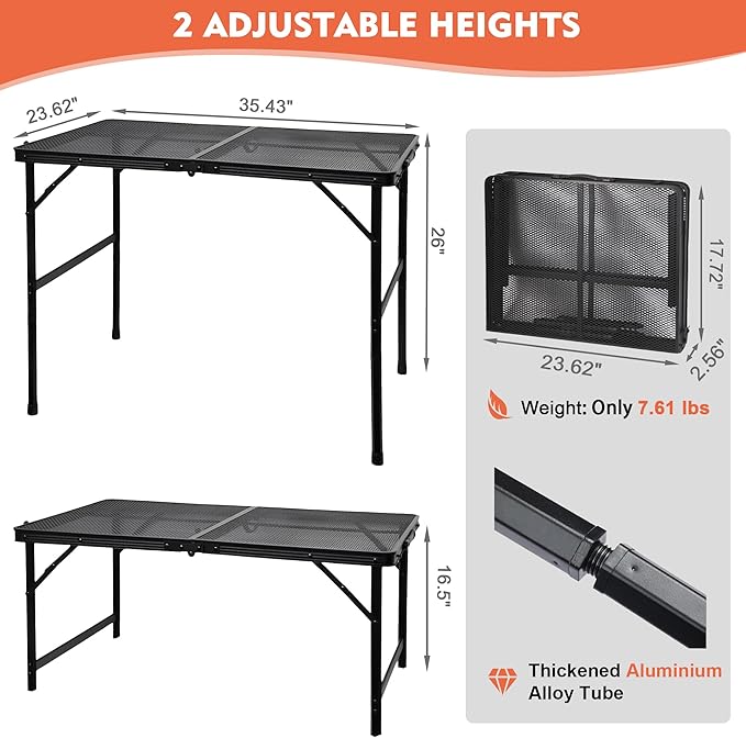 Camping Table with Mesh Desktop, Lightweight & Portable Folding Grill Table, Height Adjustable Metal Outdoor Table for Camp, Cooking, BBQ, RV, Picnic-3 FT Black