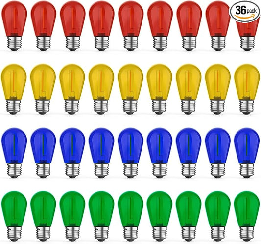 36 Pack LED S14 Colored Light Bulbs for Outdoor String Lights, Shatterproof 1W Replacement Bulbs for Party Lights, 2200K Warm White, Dimmable, E26 Base, Multi-Color: Red/Green/Blue/Orange