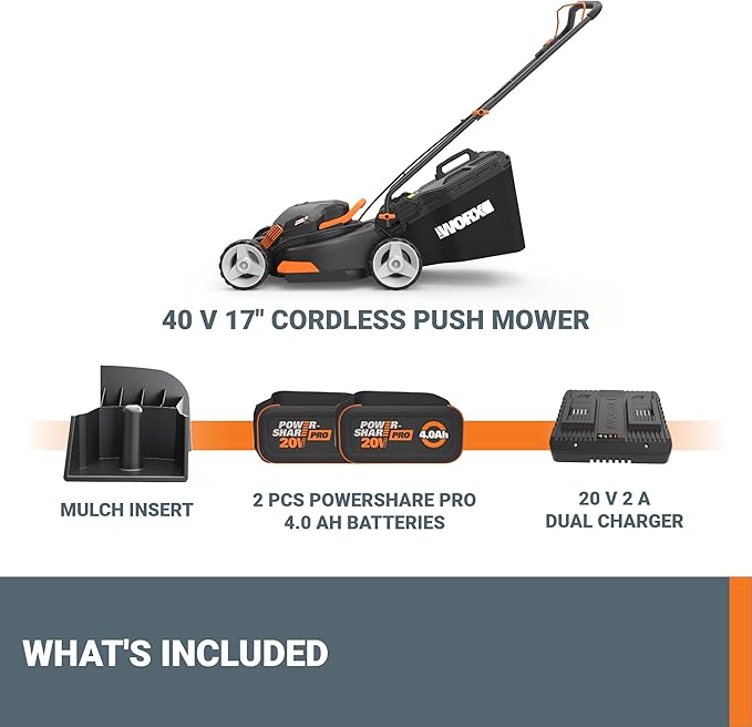 WORX 40V 17" Cordless Lawn Mower for Small Yards, 2-in-1 Electric Mower Cuts Quiet, Compact & Lightweight Push Lawn Mower with 7-Position Height Adjustment – 2 Batteries & Charger Included