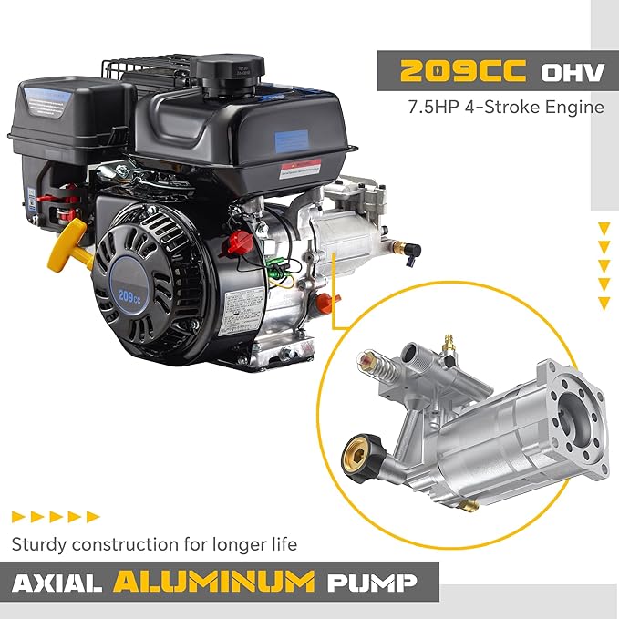 Gas Pressure Washer 3500 PSI 2.3 GPM, Power Washer with 209CC Engine, 25FT Hose, 4 Nozzles, High Pressure Cleaner for Cars, Driveways, Patios, Fences, Home Outdoor Cleaning
