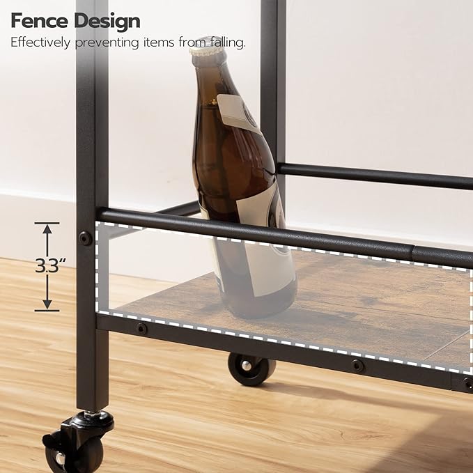 HOOBRO Bar Cart, 3-Tier Coffee Cart with Wheels, Kitchen Cart, Wine Cart with Wine Rack and Glass Holder, Rolling Serving Cart for Home, Living Room, Party, Bar, Rustic Brown and Black BF35TC01G1