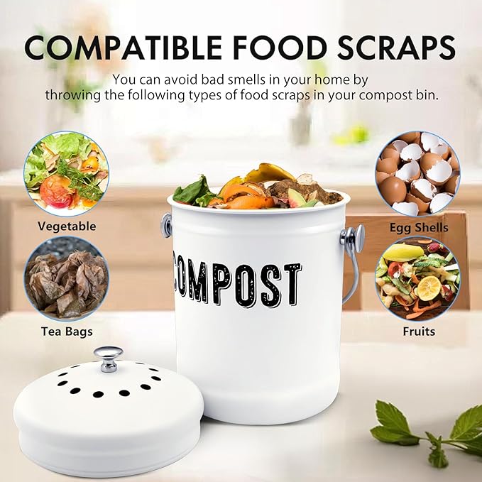 Compost Bin Kitchen, ENLOY Countertop Compost Bin with Lid Use for Kitchen Food Waste, Powder Coated Rust Proof Odorless Compost Bucket, 1.3 Gallon, White