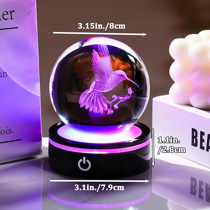 YWHL 3D Crystal Ball Hummingbird Figurine with LED Base, Hummingbird Gifts for Women Men Hummingbird Lovers on Christmas Birthday, Hummingbird Ornament Glass Decorative Ball for Home Decor (80mm)
