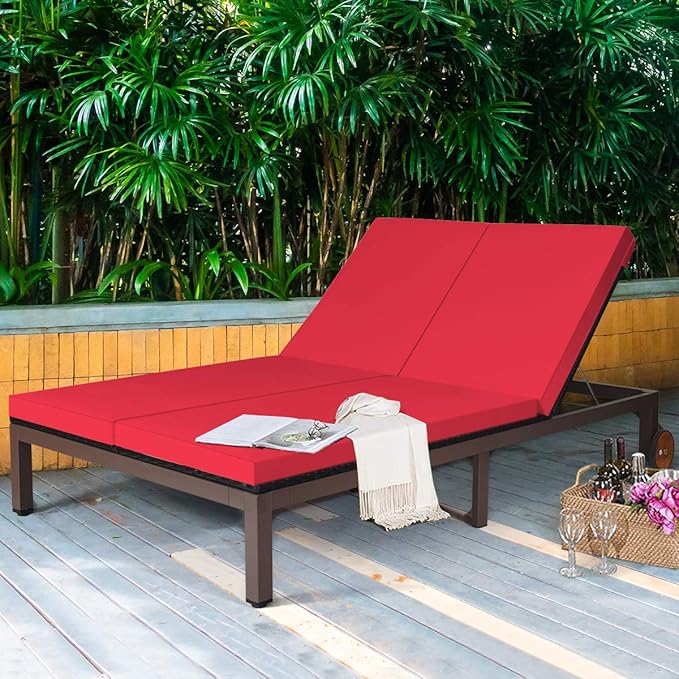 Tangkula 2-Person Patio Lounge Chair, Outdoor Rattan Double Wicker Daybed Chaise Lounge Chair with Adjustable Backrest Wheels & Cushion, Patio Sofa for Garden Lawn Backyard (Red)