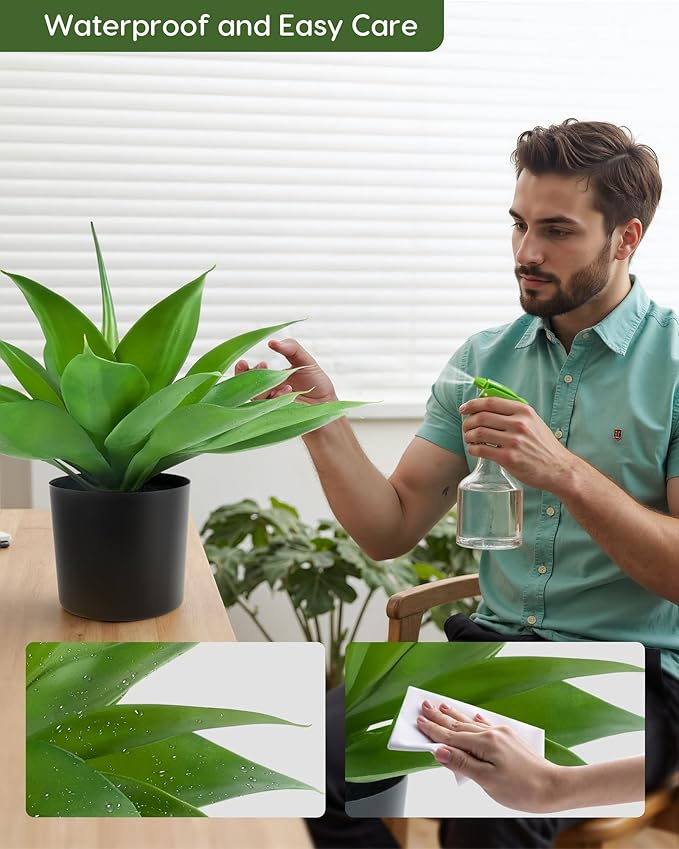 Velener Fake Agave with Black Pot, Artificial Plant Outdoor Agave - Fake Plants for Indoor and Outdoor Decor(15 Inch)