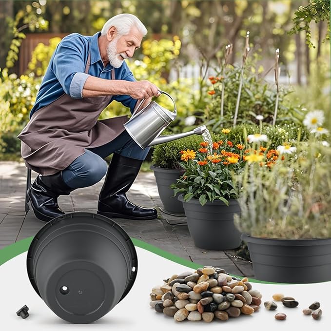 5 Lbs Rocks for Plants,5-Pack 10 Inch Plastic Plant Pots - Plant Planters with Drainage, Decorative River Rocks for Garden Landscaping, Flower Pots for Indoor Outdoor Plants, Succulents, and Herbs