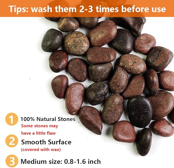 HappyFiller Natural Decorative Pebbles Polished Rocks Stones for Aquarium,Fish Turtle Tank,Outdoor Indoor Plants Top Dressing,Succulents Soil Cover,Garden Landscaping,2 LB,Red Mix,0.8-1.6"