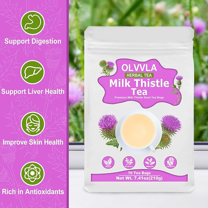 Olvvla - Premium Milk Thistle Tea Bags - 3g X 70 Count - 100% Pure Natural Milk Thistle Seed Herbal Tea - Caffeine-free - Non-GMO