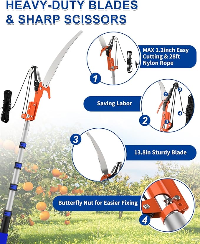 26FT Reach Pole Saw, Telescoping Tree Trimmer with 5-20FT Extension Pole, Sharp Steel Blade and Scissors, Fruit Picker, Extendable Long Handle Tree Pruner for Yard Garden Trees Palms Shrubs