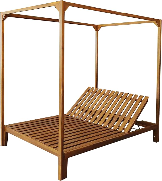 kevinplus Outdoor Patio Sunbed Daybed with Adjustable Reclining Chaise Lounge & Water-Resistant Canopy & Curtain, Solid Wood Construction, Dark Gray