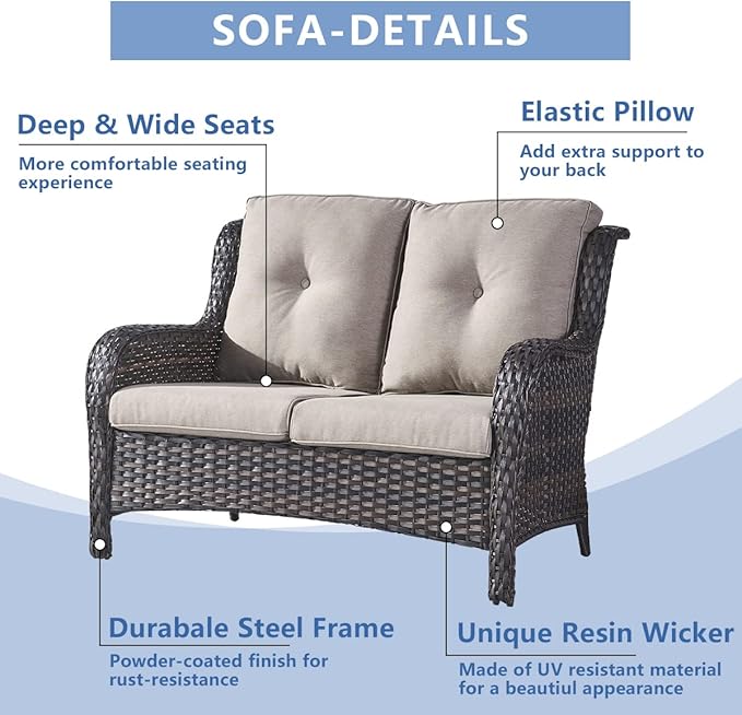 HUMMUH 6 Pieces Outdoor Patio Furniture Set Wicker Swivel Patio Chairs with Ottomans 2 Seater Outdoor Sectional Sofa/Patio Loveseat with Coffee Table