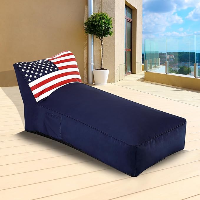 Outdoor Chaise Lounge Chair, Sunbed UV Resistant American Flag Sofa Couch Patio Waterproof Outside Sunlounge Reclining Sunbathing Bed Comfy Single Chaise Daybed for Garden, Pool, Beach, Navy Blue
