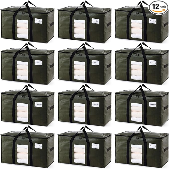 TAILI 12 Pack Green Extra Large Storage Bags, Heavy Duty Totes with Visible Window, Wrap Around Handles, Perfect for Moving and Storage