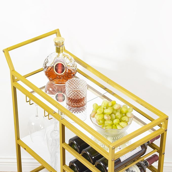 Bar Cart for Home, 3-Tier Serving Cart with Mirrored Top, Beverage Cart with Wine Rack and Glass Holder, Drink Cart with Wheels, for Dining Room, Living Room, Gold and White RCJM7101