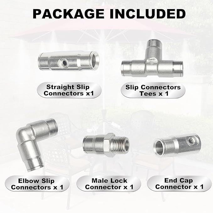 3/8" Brass Slip Connectors Kit for High Pressure Misting System – 5-Piece Brass Misting Nozzle Connectors (Straight, Elbow, Tee, 1/4" Male Lock, End) – 1500 psi