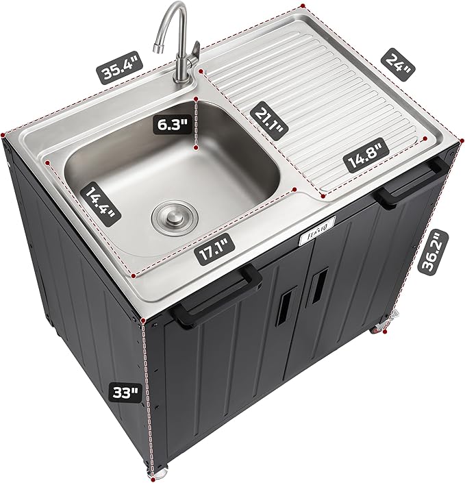 Freestanding Grill Cart with Sink and Cabinet, Movable Outdoor Cart Table with 304 Stainless Steel Sink, Outdoor Grill Cart,Outdoor Grill Station with Wheels, L35.4” x W24”