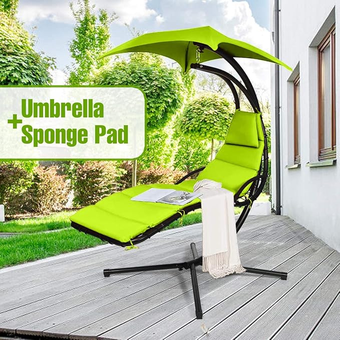 Weatherproof Replacement Cushion Pad and Umbrella for Hanging Lounge Chair Outdoor Chaise Hanging Hammock Chair - Long-Lasting, Fade-Resistant, Quick-Dry, Outdoor Lounge Replacement Set (Green)