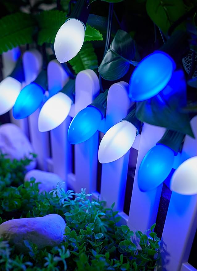 C9 LED Christmas Lights Outdoor, 50 Feet C9 String Lights with 50 Shatterproof Matte Bulbs, Connectable Waterproof Christmas Tree Lights for Holiday Roofline Backyard Garden Decor, Blue & Pure White