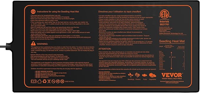 VEVOR 10"x 20.75" Seedling Heat Mat 1 Pack, MET-Certified, Waterproof, for Indoor Germination, Gardening, Hydroponics, Greenhouse Use