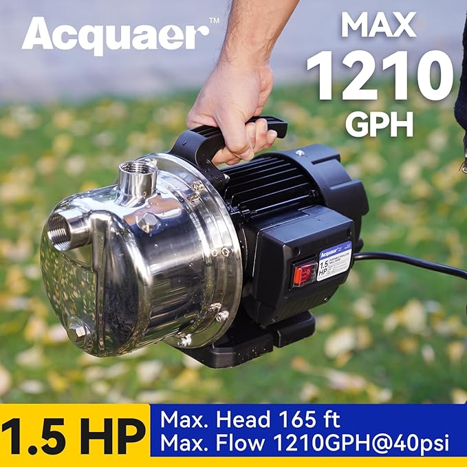 Acquaer 1.5 HP Portable Shallow Well Pump Garden Pump, Stainless Steel, 1210 GPH, 115V Sprinkler Water Transfer Draining Irrigation for Water Removal and Lawn Garden