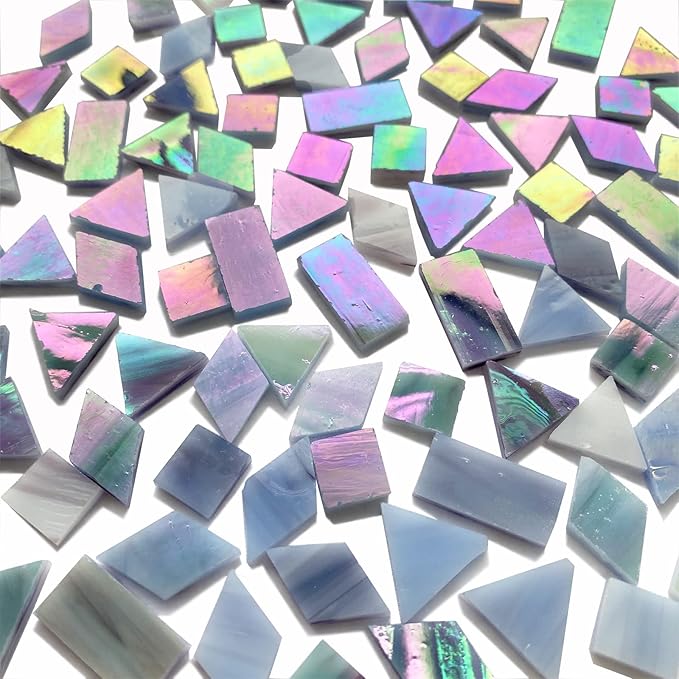 Iridescent Gray Stained Glass Mosaic Tiles for Crafts, 280 Pieces Mixed 4 Shapes Tiffany Stained Glass Sheets for Mosaic Projects