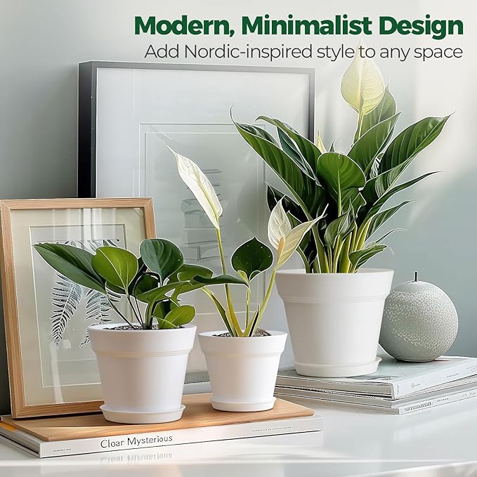 T4U 4 Inch Plant Pots 8-Pack, Small Flower Pots with Drainage Hole and Saucer, Decorative Nursery Pot Bulk for African Violet, Snake Plant, Succulent, Herb and Plants Indoor (8 Pcs 4" Pots, White)