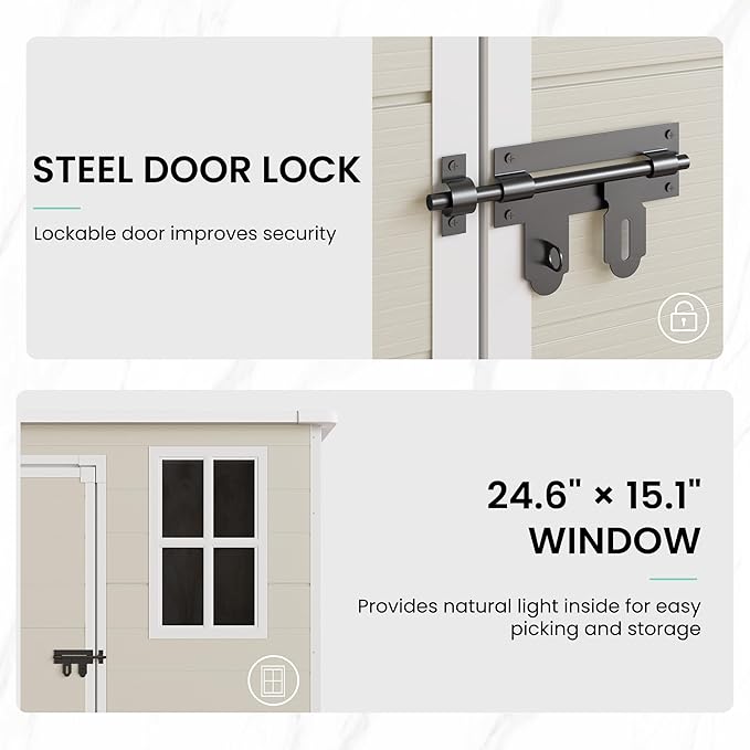 UDPATIO Outdoor Storage Shed 5x3 FT, Plastic Garden Shed for Bike, Garbage Can, Tool, Outside Sheds & Outdoor Resin Shed with Lockable Door for Backyard, Patio, Lawn, Sandstone