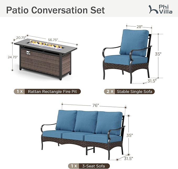 Patio Furniture Set with 56" Fire Pit Table, Premium Outdoor Wicker Metal Frame Furniture with Upgraded Waterproof Thick Cushions for Porch, Poolside, Deck, and Yard （4 Pieces,Navy