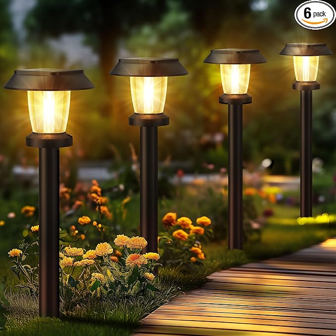 Solar Pathway Lights Outdoor - 6 Pack Solar Powered Garden Lights Waterproof, Decor Landscape Lighting with Three Lighting Modes for Yard, Lawn, Walkway, Driveway, Warm White