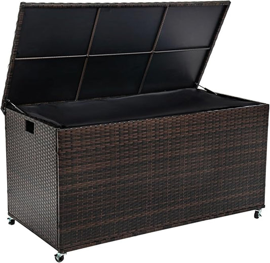 Outdoor 170 Gallon Water-Resistant Wicker Storage Box with Wheels, PE Rattan Deck Box with Waterproof Liner for Outside, Patio Storage Container with Hinged Lid, Horizontal Bin, Brown