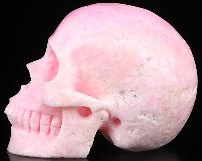 Skullis 5.1" Pink Aragonite Crystal Skull, Hand Carved Gemstone Fine Art Sculpture, Reiki Healing Stone Statue.1469