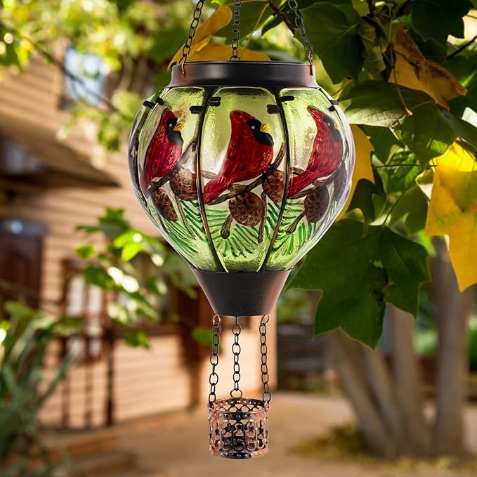 Cardinal Solar Hot Air Balloon Lantern with Flame, Glass Hot Air Balloon Solar Lantern Outdoor Waterproof, Hanging Hot Air Balloon Solar Light, Cardinal Gifts for Mom Woman Christmas
