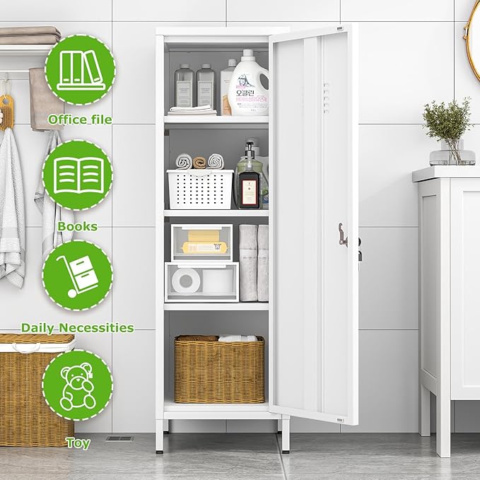 47" Metal Storage Locker, Lockable Employees Metal Locker with Door and Adjustable Shelves, Steel Locker for Home, School, Office, Gym (White)