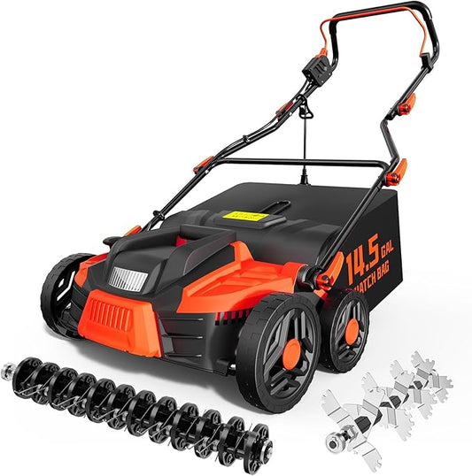 2025 Upgrade 16-Inch 15.5 Amp 2-in-1 Electric Dethatcher and Scarifier with 14.5-Gallon Collection Bag, Lawn Dethatcher with 5-Position Depth Adjustment, Keeps Lawn Healthy – Bright Orange