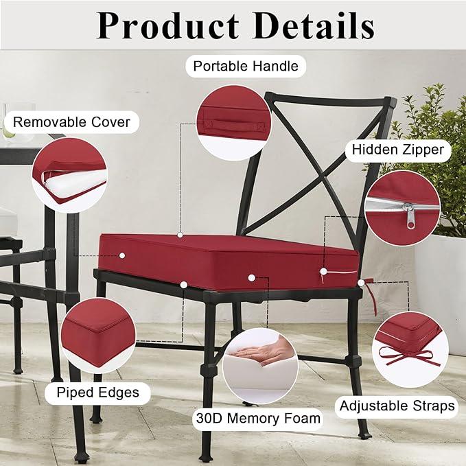 Outdoor Chair Cushions Set of 2 for Patio Furniture 22x22x4 Inch Waterproof Patio Chair Cushion 3 Year Color Fastness Square Elastic Foam Garden Couch Pads with Ties and Handle,Red