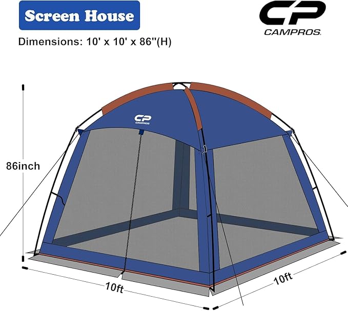 CAMPROS CP Screen House 10 x 10 Ft Screened Mesh Net Wall Canopy Tent Screen Shelter Gazebos for Patios Outdoor Camping Activities - Blue