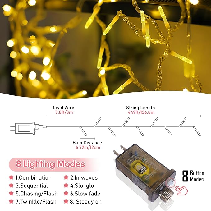 Heceltt 1140 LED 449 FT String Lights Outdoor, 8 Modes Warm White Christmas Lights Plug in, IP44 Waterproof Led String Lights with Timer and Memory for Xmas Yard Party Garden Decorations