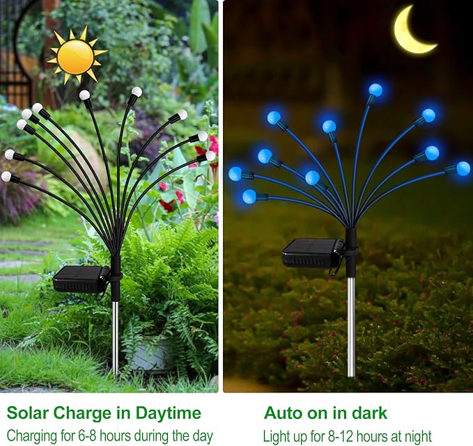 Solar Garden Lights Outdoor, 4 Pack 40 LED Solar Blue Firefly Lights Waterproof, Starburst Solar Wind Swaying Lights for Outside Yard Patio Planter Flower Bed Walkway Christmas Decoration