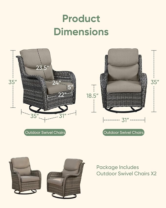 HUMMUH Outdoor Rocking Chair-Outdoor Swivel Chairs Set of 2 with 5" Thick Cushions Wicker Patio Chairs for Deck Porch Garden Poolside Backyard-Grey/Grey